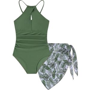 Evensu Girls Swimsuit Ruched One Piece Teen Swimsuits Cutout Adjustable Strap Kids Bathing Suit with Mesh Cover Up Size 9-16 (1112Years, Dark Green 01)