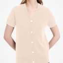 Womens 100% Merino Wool Short Sleeve Cardigan Sweaters V-Neck Button Down Sweater T-Shirt Casual Business Summer Tops (Beige, M)