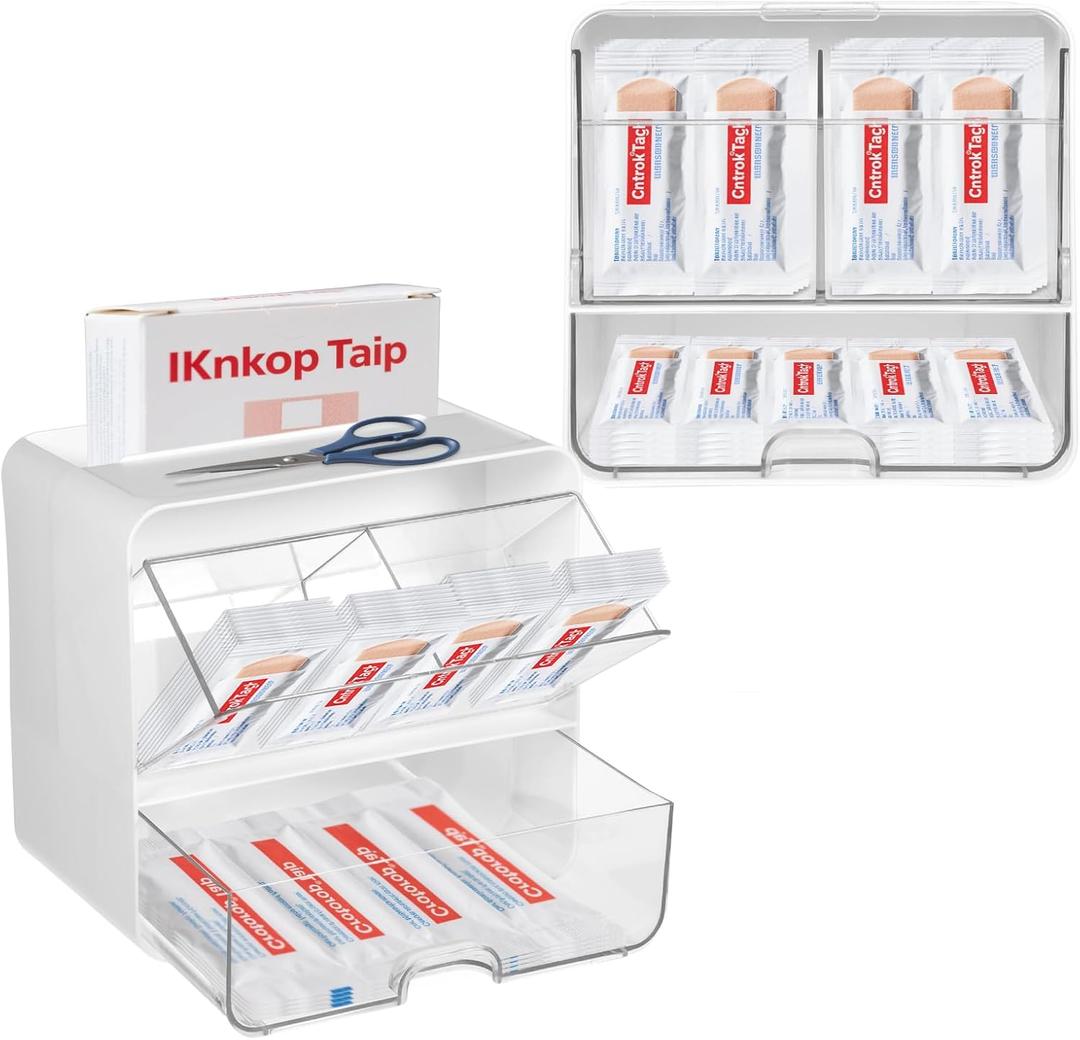 Bandages Storage Organizer for Wall Large Bandage Organizer with Lid 3-Compartment Plastic Bandaid Storage Container for Home Medicine Cabinet, Elastic Bandage Wrap, Cotton Swab