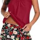 Aqua Eve Two Piece Women's Tankini Swimsuits Blouson Swim Tank Top with Shorts Modest Bathing Suits Red flower & Black XXL