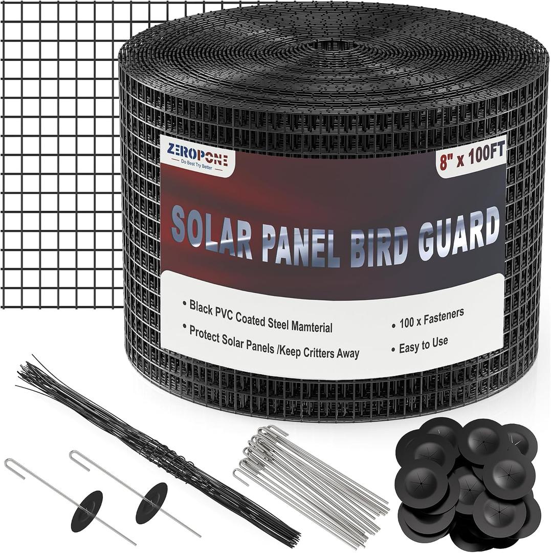 ZeroPone 8inch x 100ft Solar Panel Bird Guard, Critter Guard for Solar Panels with 100 Pcs Stainless Steel Fasteners, Removable PVC Coated Pigeon Netting Wire for Squirrel, Bird, Critters Proofing