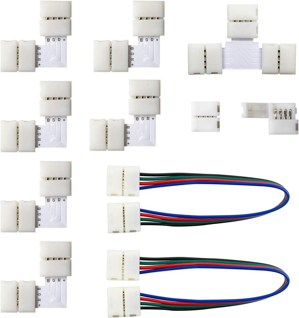 MYPLUS 5050 4Pin LED Strip Lights Connector Kit, Strip to Strip Solderless Connector, 2X LED Strip Jumper, 6X L Shape Connectors, 2X Gapless Connectors, 1 T Shapte Connector