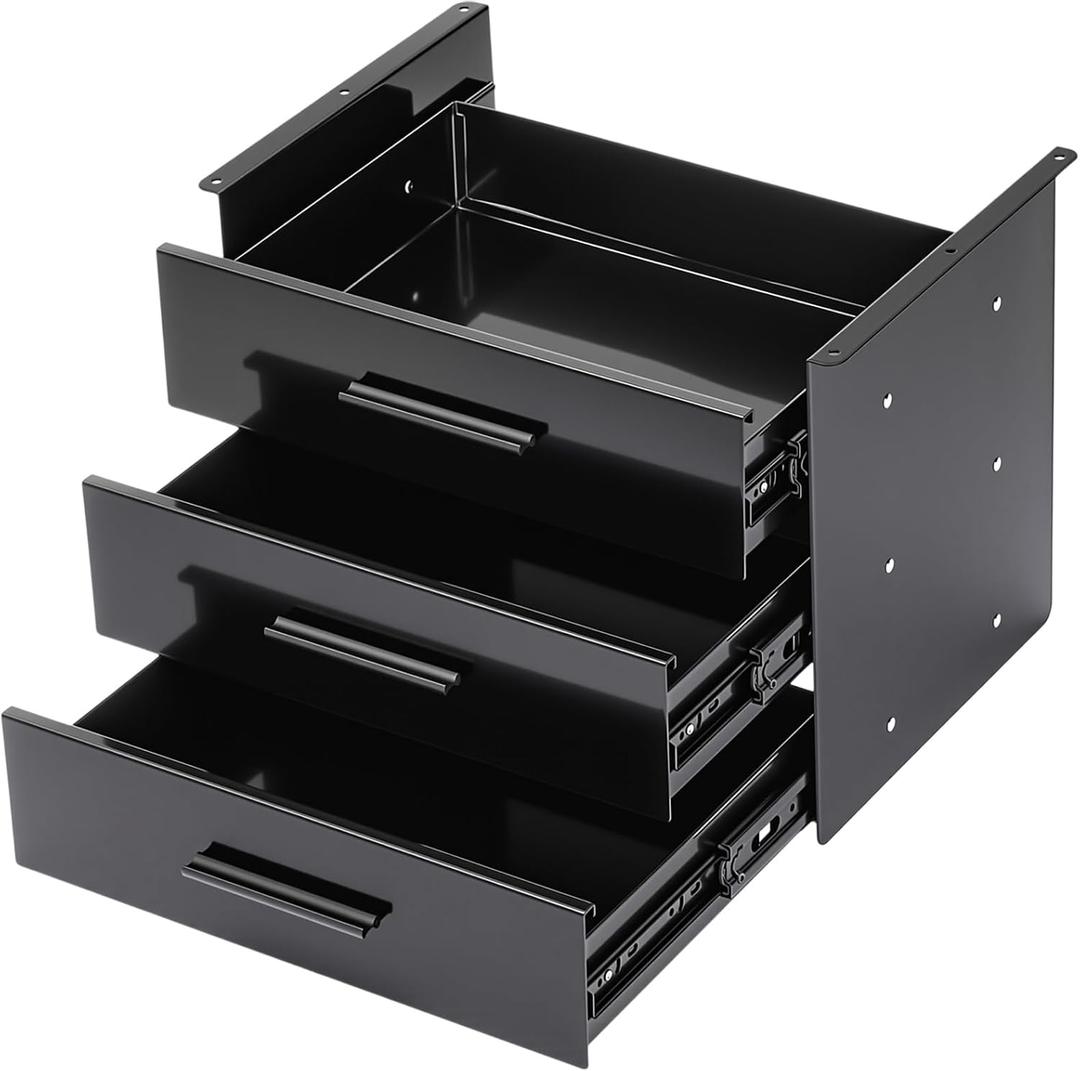 Menkxi 16 inch Under Desk Drawer Storage Pull out Storage Organizer Mounted Metal Sliding Hidden Under Counter Drawer Vertically Stacked for Office Sit Stand Workstation(Black,3 Layer)