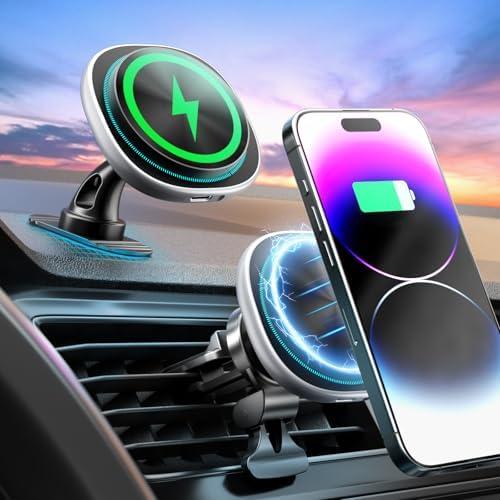 MagSafe Car Mount Charger, 15W Fast Charging Strong Magnetic Phone Holder, Air Vent/Dashboard Wireless Charger for iPhone 16/15/14/13/12 Accessories (Black)