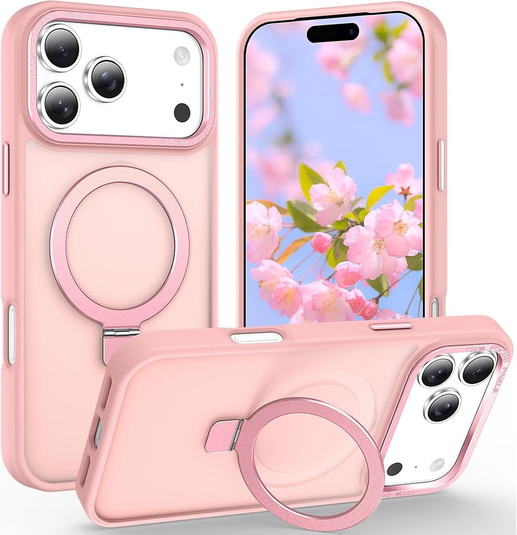 Magnetic for iPhone 17 Pro Case with Ring Stand, [10 FT Drop Protection] [Velvety Touch] Slim Translucent Matte Back Shockproof Phone Case for iPhone 17 Pro 6.3'', Pink