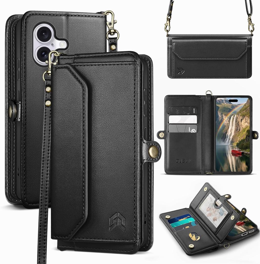 DJBull for iPhone 16 6.1" Wallet Case with Card Holder, Shoulder and Wristlet Straps, Soft PU Leather, Magnetic Snap, Flip Phone Case for Women Men for Apple 16 Black