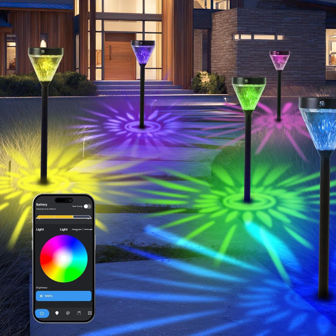 Giant Smart Solar Pathway Lights - 2 Pack Tall Bright RGBCW Waterproof, APP Control Outdoor Solar Lights for Paths, Gardens, Terraces, Landscapes, Walkways, Christmas Decorations
