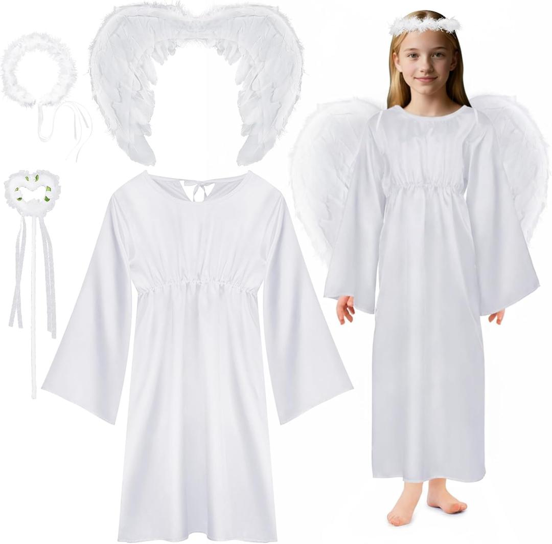 Eurzom Angel Costume for Girls, Include Angel Dress Feather Wings Headband and Wand Set for Christmas Cosplay (Teens 13-16 Years)