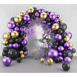 Metallic Purple Black Balloons Garland Arch Kit-123Pcs for Baby Shower, Birthday, Graduation, Engagement, Anniversary with Black & Gold Accents