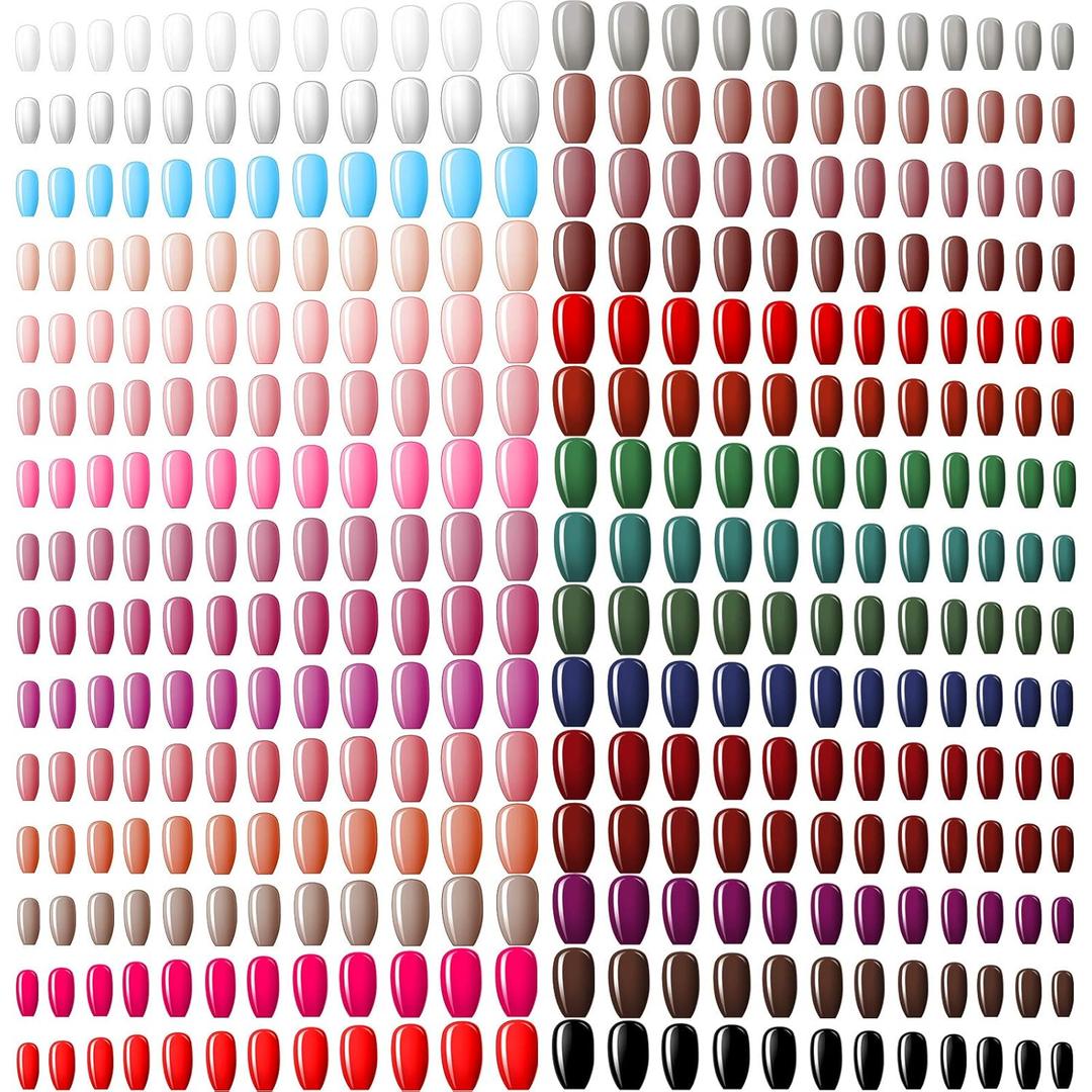 Maitys 720 Pieces 30 Sets Medium Square Press on Nails Glossy Fake Nails Solid Color Artificial Tips Full Cover for Women Girls Ballerina DIY (Classic Colors)