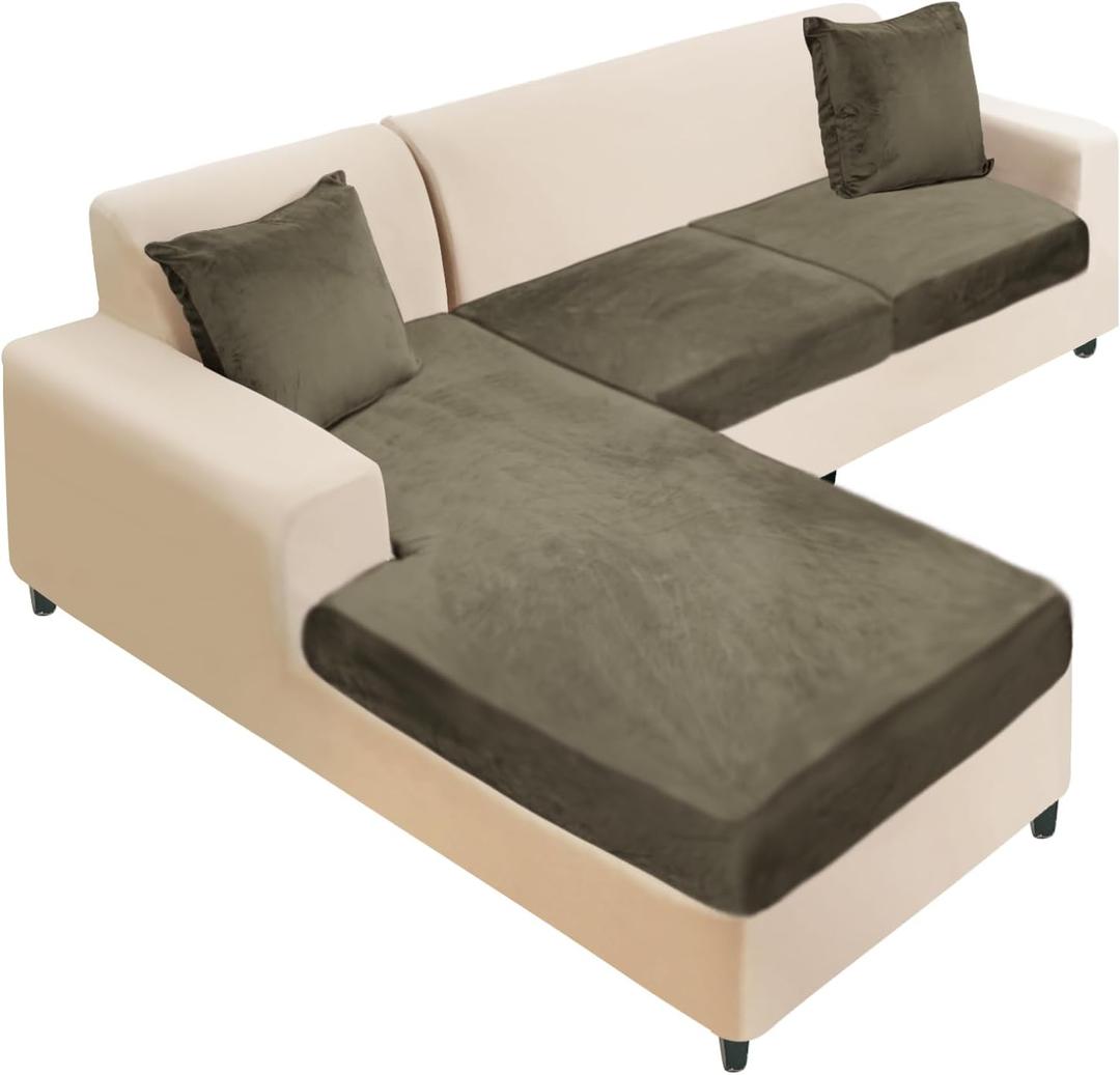 Sectional Couch Cover 3 Pieces Velvet Separate Couch Cushion Covers L Shape Soft Stretch Sofa Slipcovers with 2pcs Pillowcases for Left/Right Chaise Sectional Couch(2 Seater+1 Chaise, Olive Green)