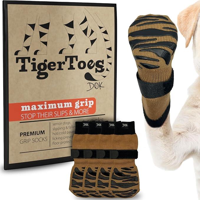 DOK TigerToes Premium NonSlip Dog Socks for Hardwood Floors  ExtraThick Grip That Works Even When Twisted  Prevents Licking, Slipping, and Great for Dog Paw Protection (Cool Caramel, Medium)