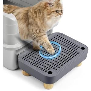 Cat Litter Box Step Ramp, Cat Litter Catcher Mat with Wooden Feet, Filter Function, Pedal Stool for Self-Cleaning Litter Box, Ideal for Kitten & Elderly Cats (Dark Grey)