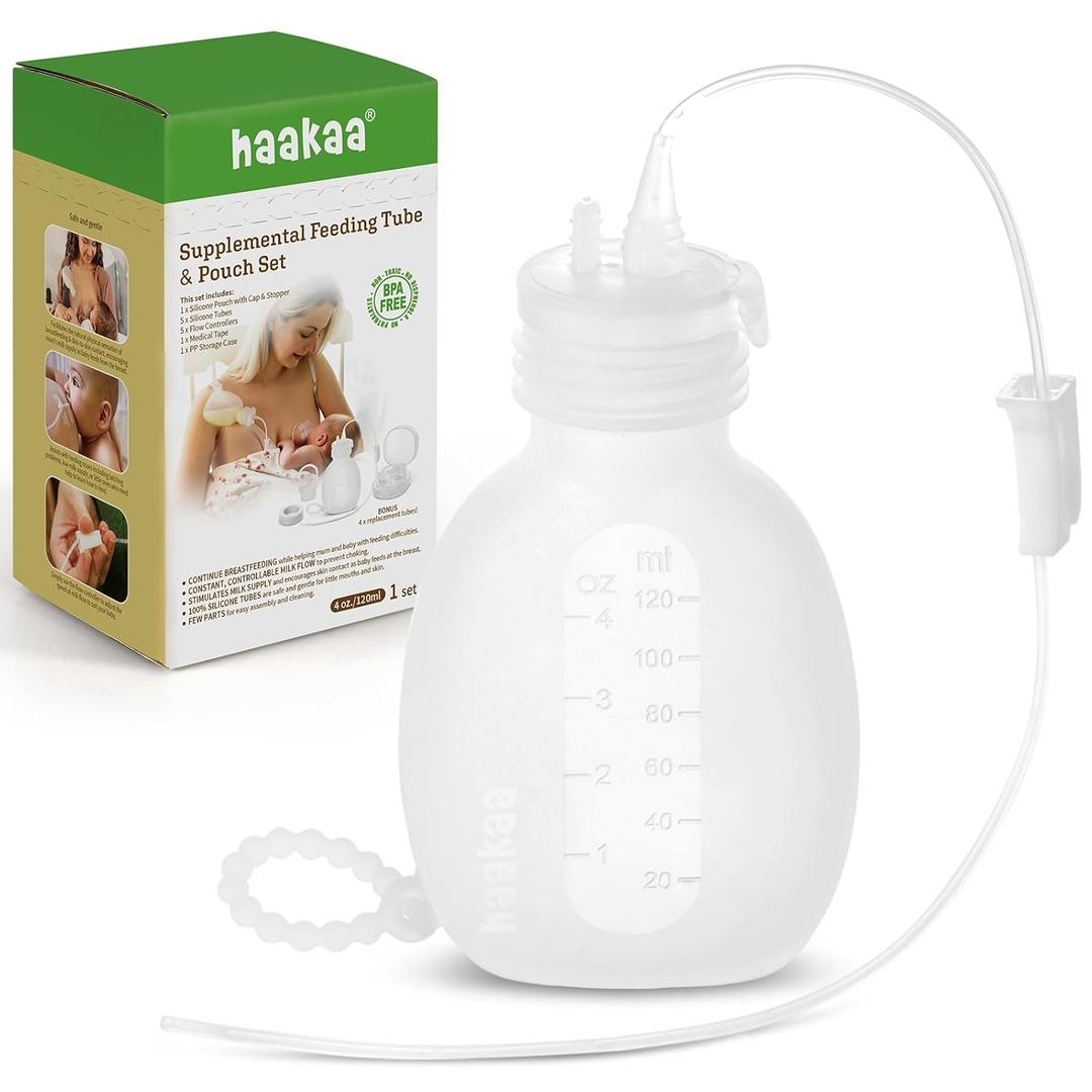 haakaa Supplemental Feeding Tube & Pouch Set, Baby Supplemental Nursing System, SNS Breastfeeding System, Food Grade Silicone, New Upgraded Design with Dual Tube Flow Control