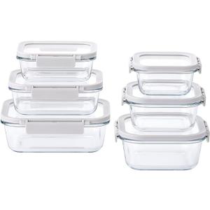 Neoflam 6-Piece Comodo Glass Food Storage Containers with Lids – Airtight Stackable Meal Prep Set – BPA-Free, Microwave Oven Air Fryer Freezer Safe – Reusable Glass Containers for Home & Office