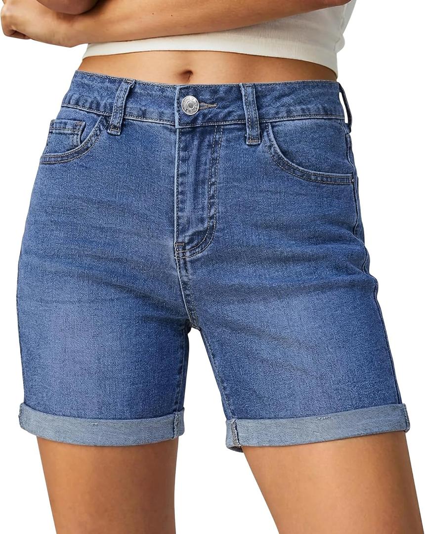 luvamia Jean Shorts for Women High Waisted Trendy Mid Thigh Long Cuffed Hem Stretchy Denim Shorts Casual Summer Jorts (Blue, L)