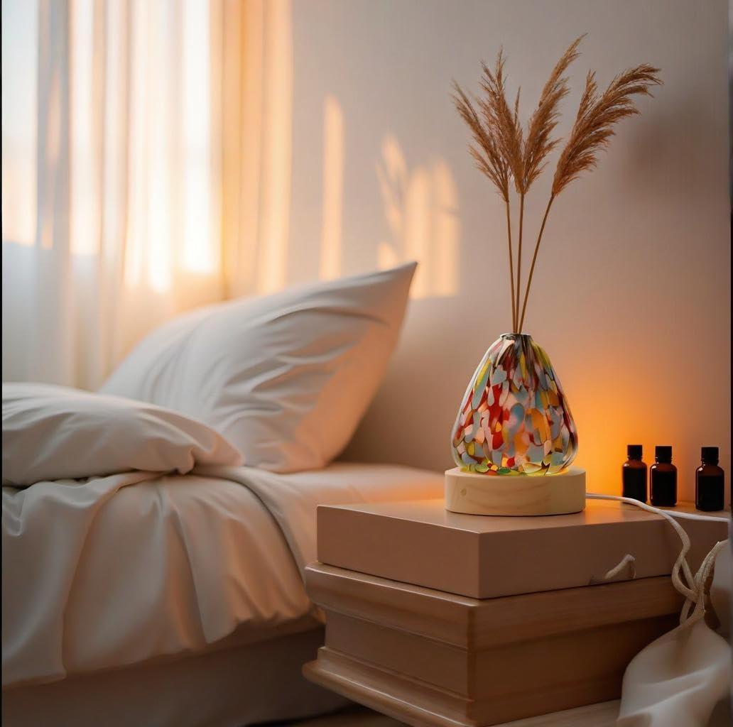 Glass Night Light with Wood Base - Aromatherapy Fragrance Diffuser Bottle for Bedroom,Bookshelf,Bedside Table,Living Room - Multi-Colored_B