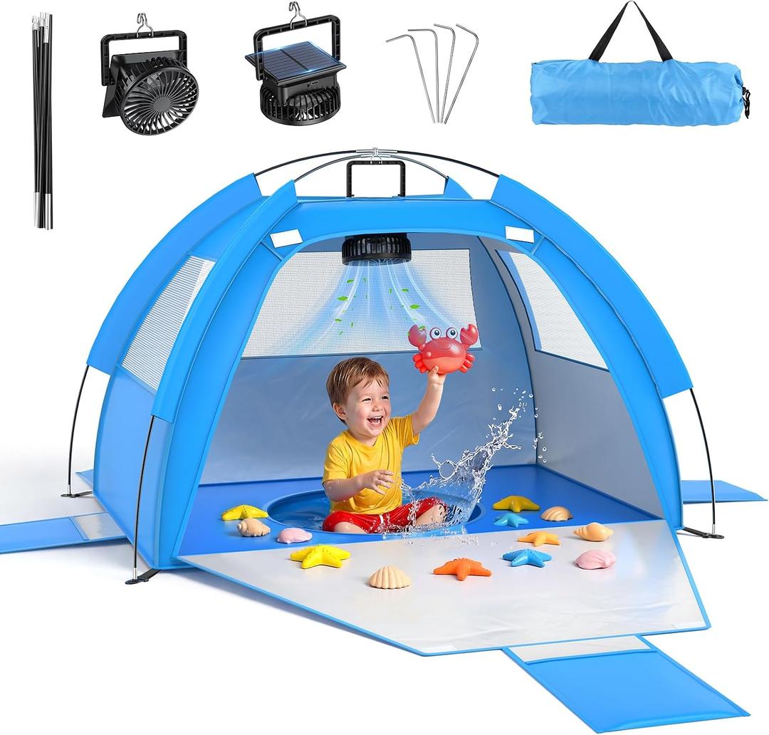Baby Beach Tent Solar Cooling Fan, Anti-UV Toddler Beach Tent Sun Shelter Portable Travel Fan Beach Shade Tent, Baby Play Tent Built-in Ceiling Fan Sun Shelters Toddler Beach Essentials Blue