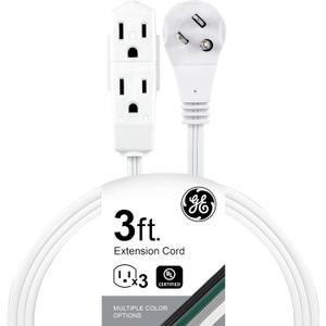 GE 3-Outlet Flat Extension Cord 3 Ft Grounded Extension Cord with Multiple Outlets 3 Prong Outlet Extender Flat Plug Power Strip Indoor 16 Gauge UL Listed White 69869