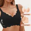 Bras for Women No Underwire Wireless Bras with Support & Lift Seamless Scalloped Full Coverage Tshirt Bra (Black, XS)