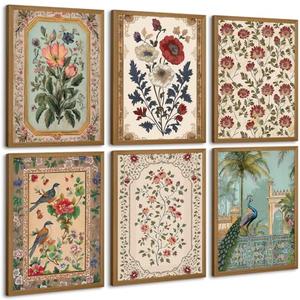 Indian Wall Art Vintage Floral Canvas Poster India Wall Decor Folk Flower Prints Scandinavian Pictures Antique Botanical Painting Gallery Artwork for Bedroom Living Room 8x10x6 Inch Wood Framed