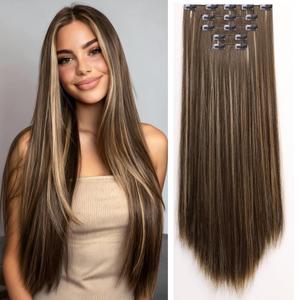 Clip in Hair Extensions Straight 26 Inch Long Synthetic Hairpieces for Women 5Pcs Medium Brown to Blonde Highlights Clip Ins Natural Soft Thick DIY Styling Fiber Hair Party Daily Use