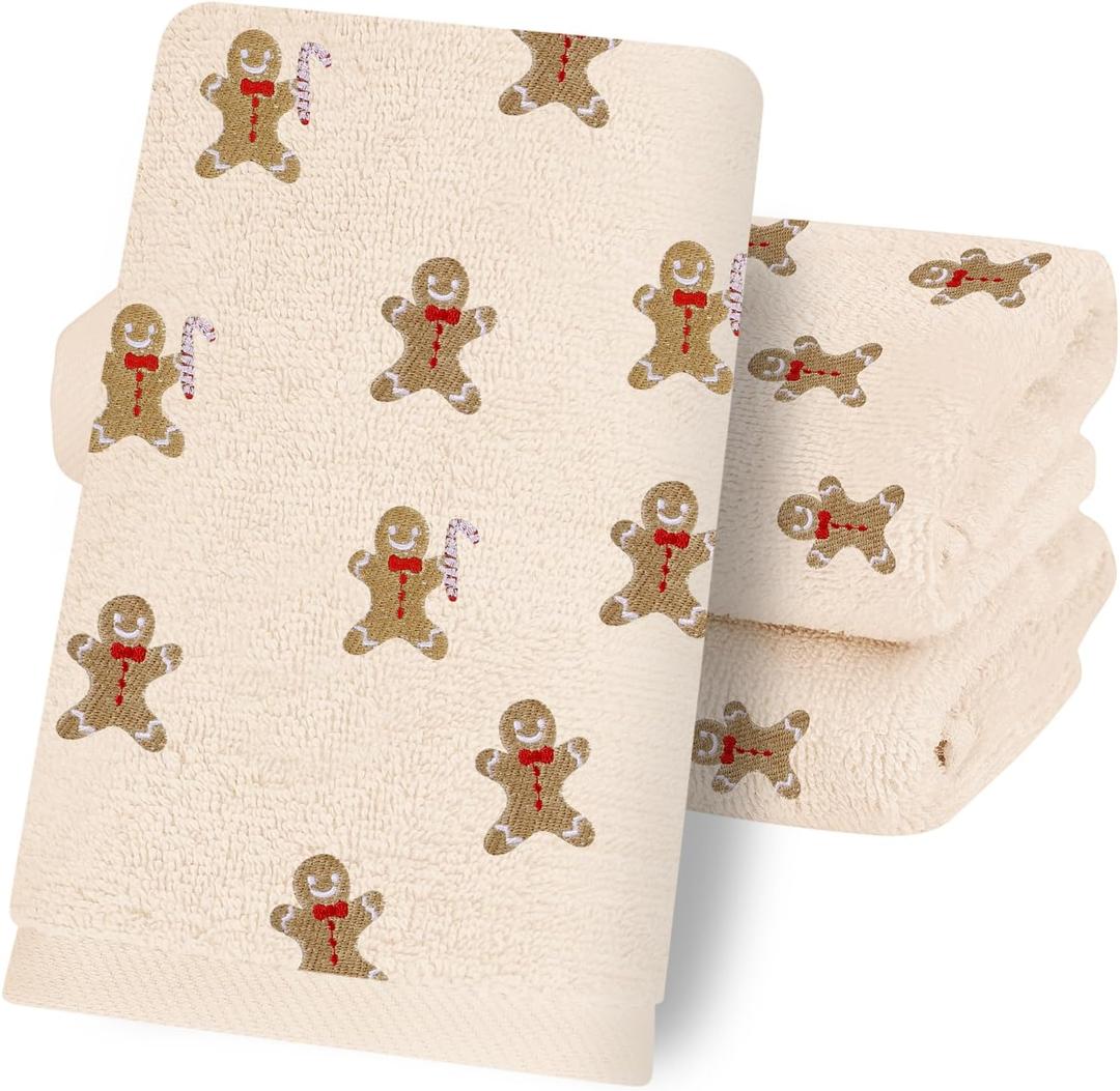 Whaline 3 Pcs Christmas Hand Towels Xmas Gingerbread Man Bath Towel Embroidered Cotton Dish Towel for Kitchen Bathroom Bar Hand Drying Set, 29.5 x 13.7 Inch