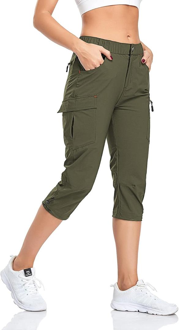 GymBrave Women's Hiking Cargo Pants Quick Dry Outdoor Camping Capris Water Resistant UPF 50 with Zipper Pockets (Medium, Army)