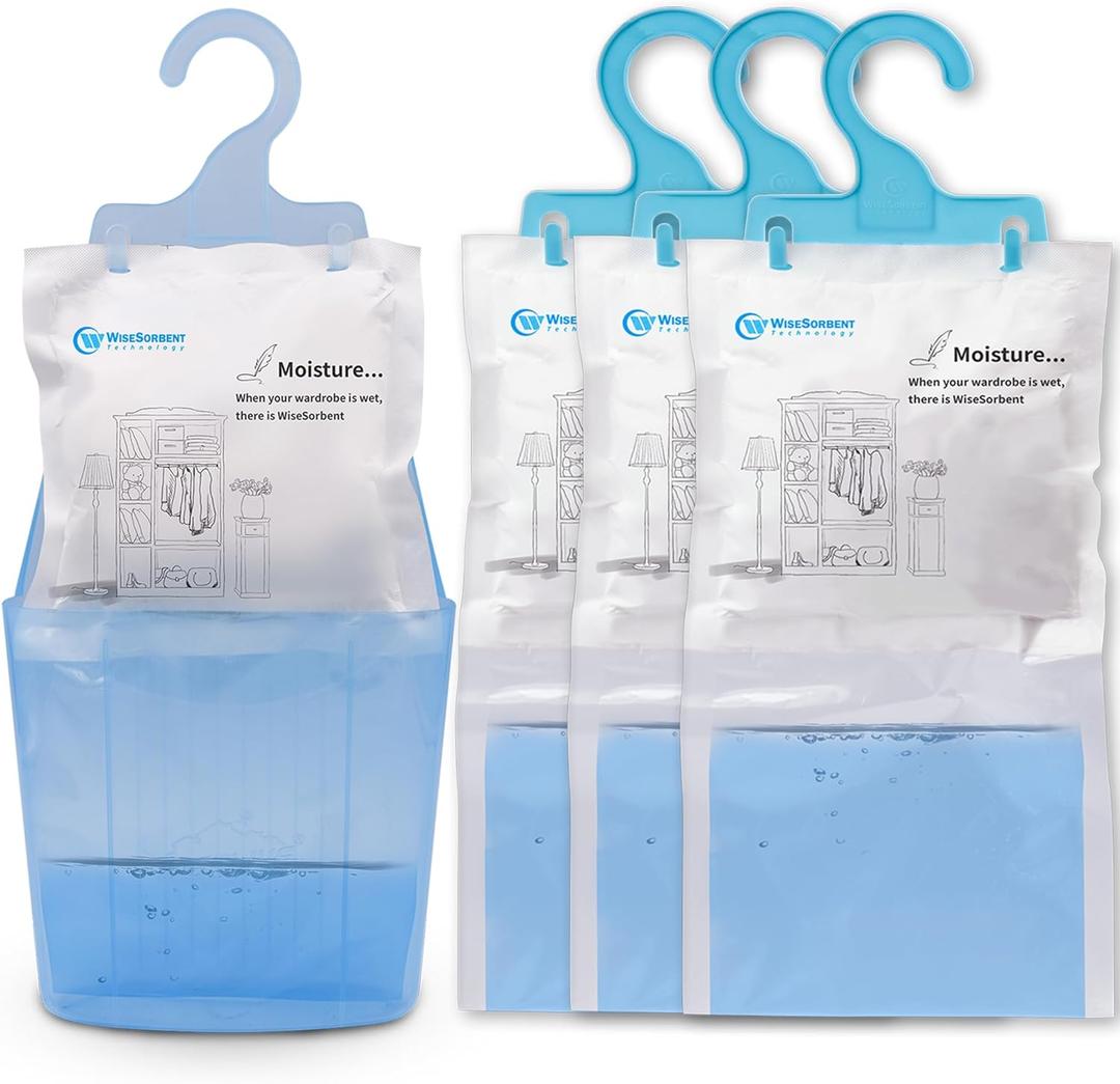 Moisture Absorber Packets with Plastic Case & Hook, Odor Eliminator, Leak Proof, Fragrance Free, Humidity Packs, Hanging Closet Dehumidifier Bags, Moisture Absorber (4 Packs) (Blue)