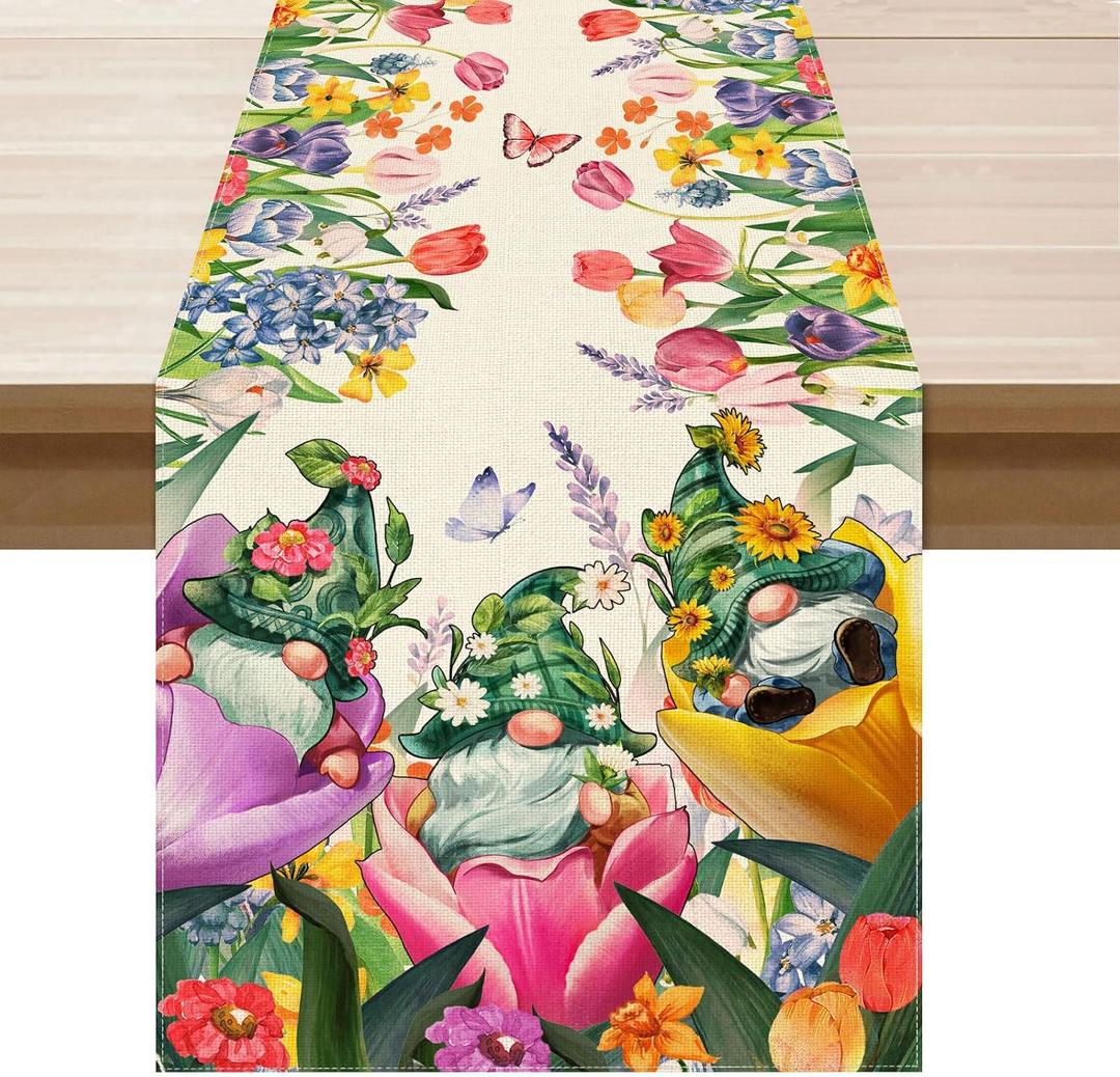 3 x XCHI Tulips Gnomes Flowers Spring Table Runner Summer Table Decoration for Party Home Kitchen Dining Holiday Decor 13x72 Inch
