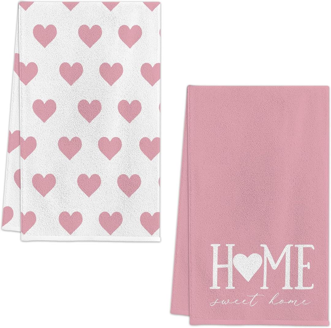 Valentines Day Kitchen Towels Set of 2, Pink Heart Love Dish Towels 18x26 Inch Drying Dishcloth,Valentine Day Decorations Farmhouse Home Daily Seasonal Decoration