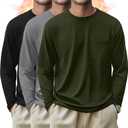 3 Pack Men's Big and Tall Long Sleeve Shirts Thermal Pocket T-Shirt Crew Neck Fleece Top Slim Fit Casual Tee (5X-Large, Black, Gray, Army Green)