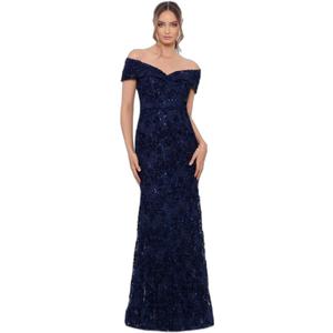 Xscape Women's Off The Shoulder Sequin & Lace Overlay Evening Gown with Sweetheart Neckline, Sheath Formal Dress (Blue, XS)