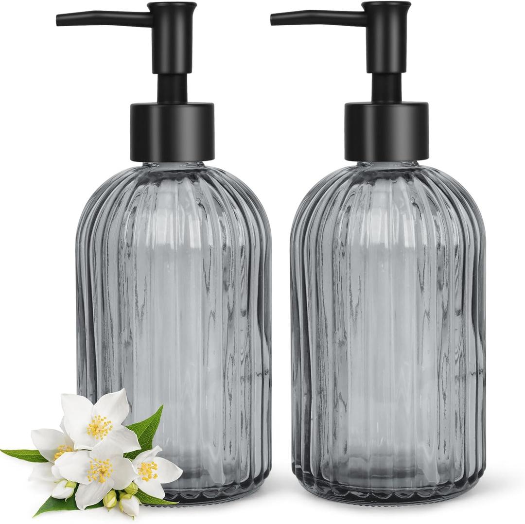 2 Pack Glass Soap Dispenser Set, 400ml/13.5oz Refillable Liquid Soap Bottles with Vertical Stripe Design, Lotion Dispenser for Modern Home Decor, Bathroom, Kitchen, Laundry Room, Hotel (Black)
