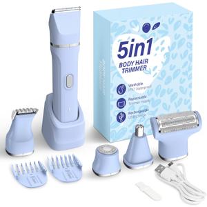 KINGTEE 5-in-1 Electric Bikini Trimmer for Women  IPX7 Waterproof Shaver, Cordless Body & Facial Razors for Women, Ceramic Blades, USB-C Rechargeable, Painless Hair Removal Kit (Blue)