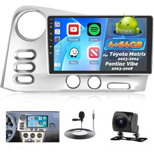 Car Radio for Toyota Matrix 2003 2004/Pontiac Vibe 2003-2008: [4G+64G] 9 inch Car Stereo with Wireless Carplay Android Auto, Touch Screen Upgrade for Matrix with Bluetooth5.0 32EQ 1280 * 720P GPS WiFi
