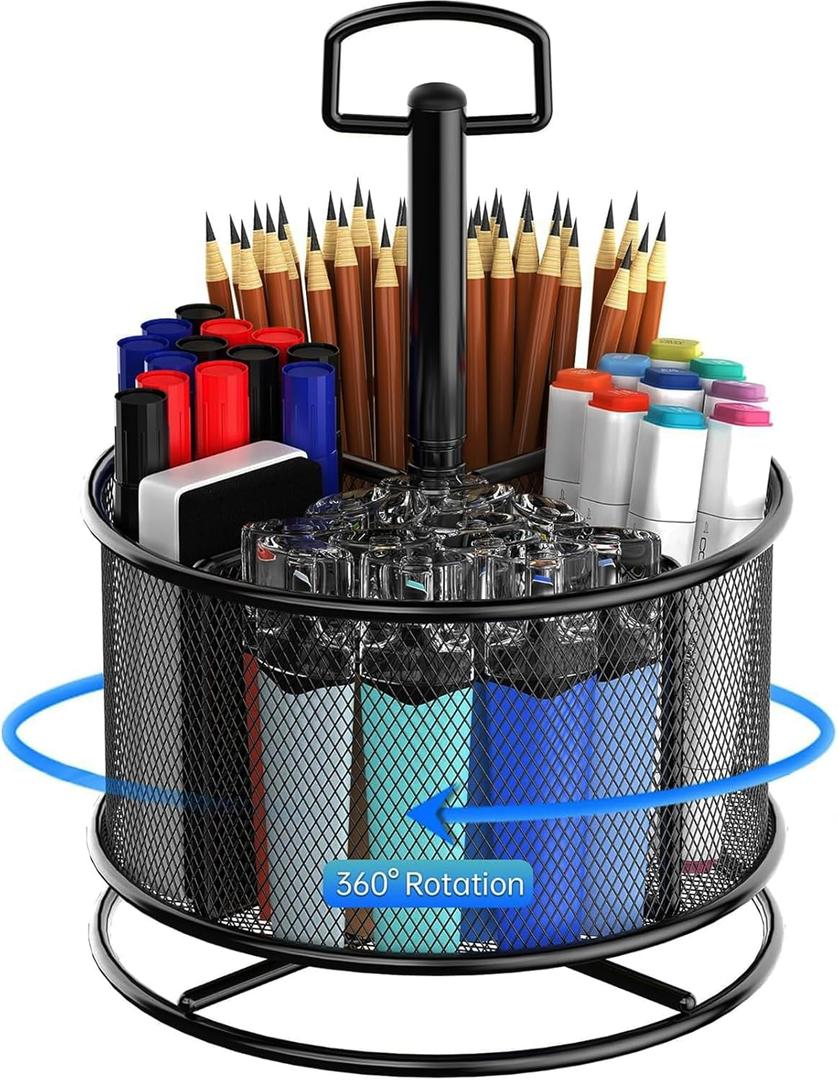 MINDEPOT 360-Degree Rotating Pen Holder for Desk, Mesh Pencil Organizer Multi-Functional Pen Holder, 4 Compartments Desktop Stationary Organizer, Home Office Black