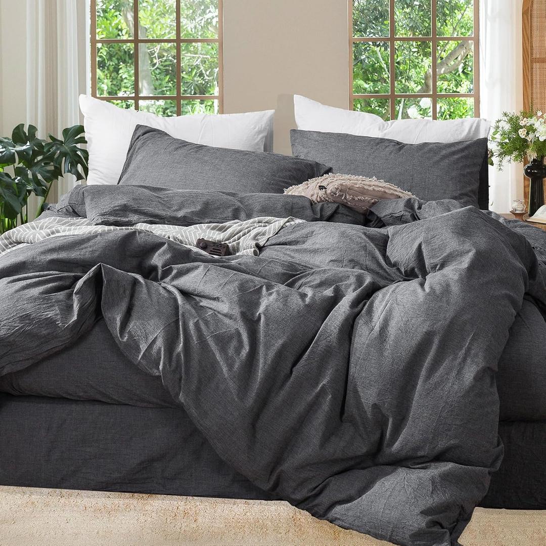 MooMee Bedding Duvet Cover Set 100% Washed Cotton Linen Like Textured Breathable Durable Soft Comfy (Heathered Dark Grey, King 104"x90")