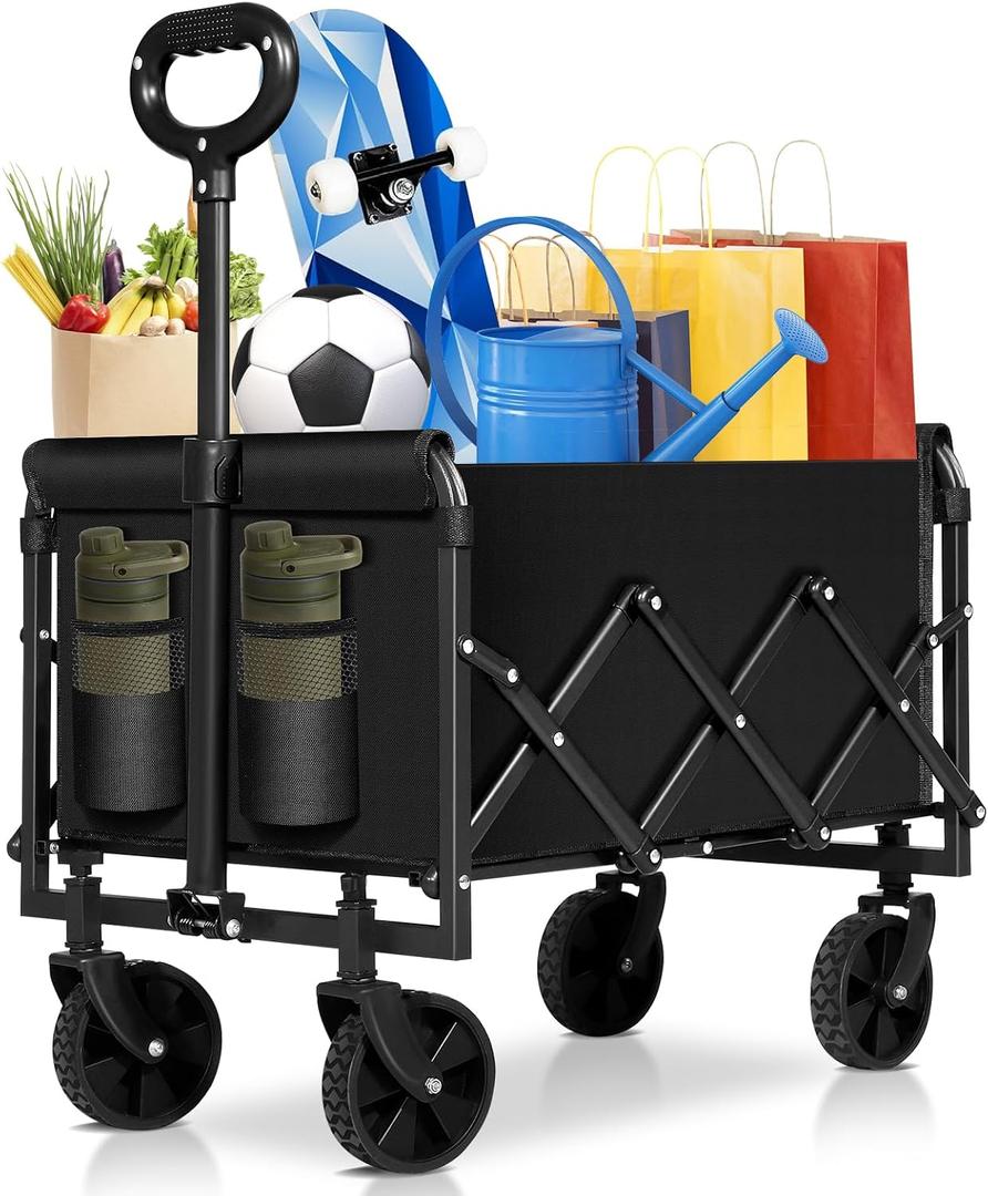 Collapsible Wagon Cart Foldable, Portable Heavy Duty Collapsible Beach Cart All Terrain with Large Capacity, Garden Wagons with Wheels for Shopping, Sports, CampingGardenGrocery (Black-1)