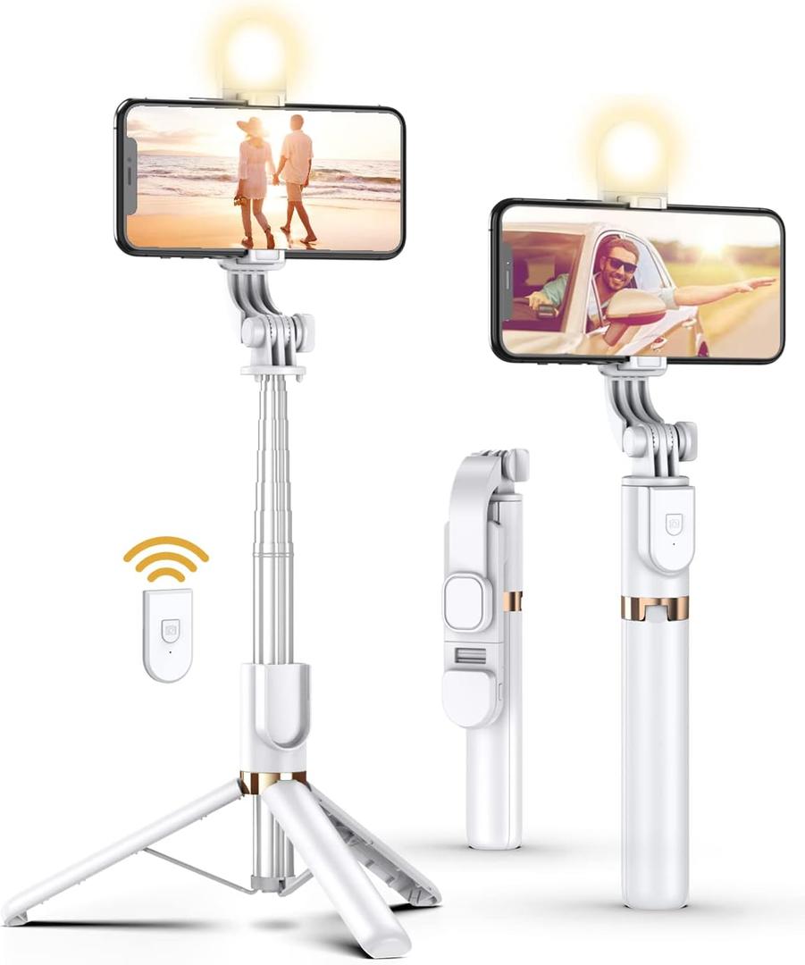 Selfie Stick Tripod with Wireless Remote, 46'' Cellphone Selfie Stick Tripod with LED Fill Light, for iPhone 16/15/14/14 pro/13/13 Pro/12/11/11 Pro/XS Max/XS/XR/X/8/7 and Android Smartphone(Upgrade)