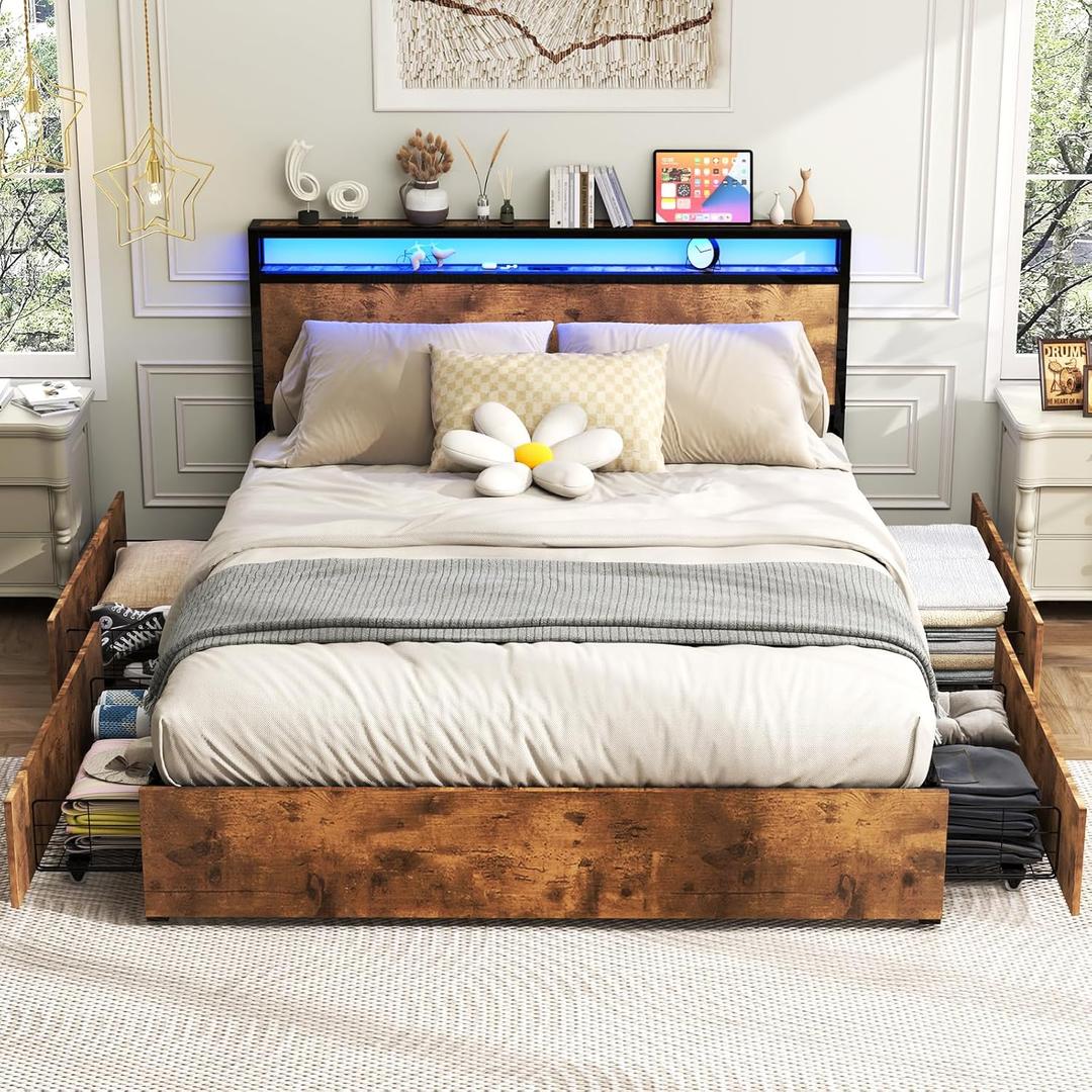 Full Size Bed Frame with Headboard, LED Platform Bed Frames with 4 Storage Drawers, Built in Charging Station, Noise Free, Stable and Solid, No Box Spring Needed, Rustic Brown
