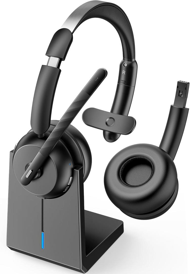 COSMUSIS Wireless Headset with Mic for Work, Bluetooth 5.3 Headsets with Microphone and Detachable Earpads, 50H Playtime with Charging Base, Noise Cancelling Headphones for Work with Mic Mute