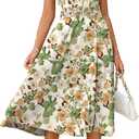 BerryGo Women's Floral Boho Ruffle Summer Midi Dress Short Sleeve V Neck Empire Waist Swing Flowy Dress (Orange, L)