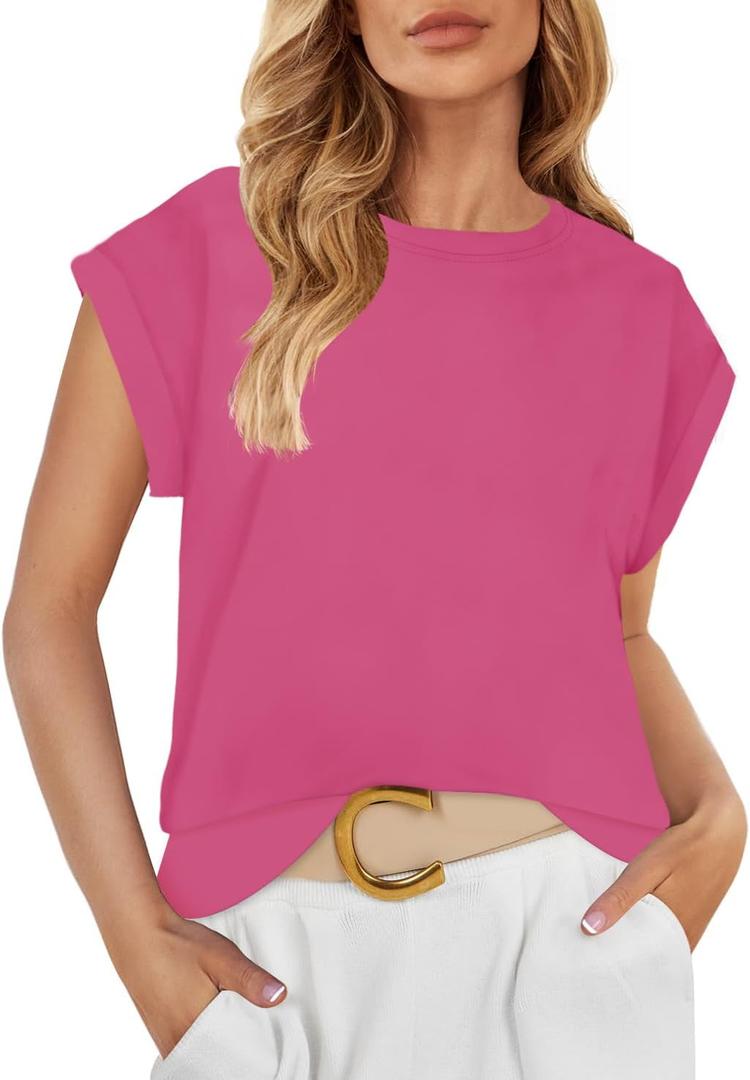 ZESICA Womens Summer Cap Sleeve Crewneck Tops Casual Loose Striped T-Shirts Basic Tees (Pink, M)