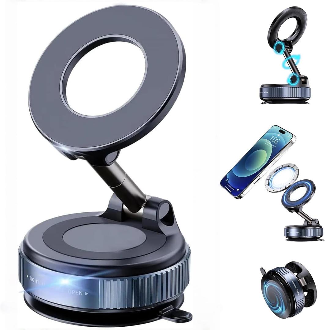 Faatchoi Vacuum Magnetic Phone Holder - 360 Adjustable Magsafe Car Mount, Foldable Car Phone Holder with Strong Suction Cup Mount, Universal Fit for All Smartphones.