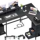 59 inch L Shaped Computer Desk with Power Outlets, Home Office Desk with 4 Adjustable Storage Drawers & 2 Monitor Stands, Two Person Gaming Table for Bedroom, Black