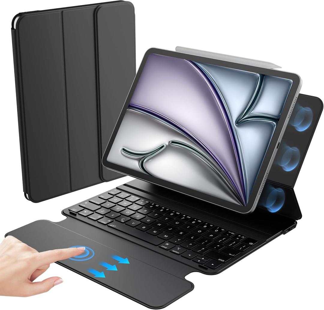 HOU Keyboard Case for iPad Air 11" M4/M3/M2, 5th/4th Gen & Pro 11" (20182022, 1st4th), Ultra Slim Smart Folio with Full-surface Touchpad, Stylus Holder, and Lens Protection  Ideal for Work & Travel (Black)