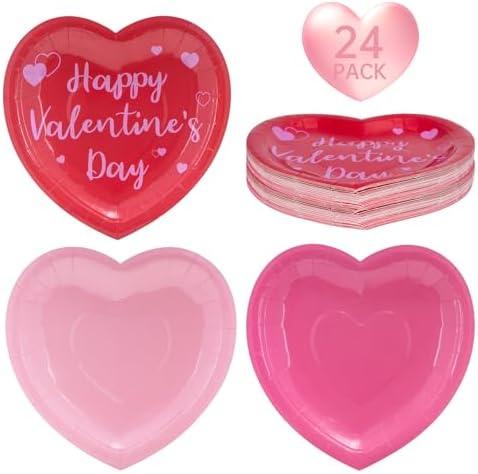 Pack of 2 24 Pcs Happy Valentine's Day Plates - Red Pink Heart Shaped Paper Plates, Disposable Love Heart Dinner Dessert Plate Tableware for Valentines Day Anniversary Wedding Party Supplies, 7.5 x 7.5 Inch