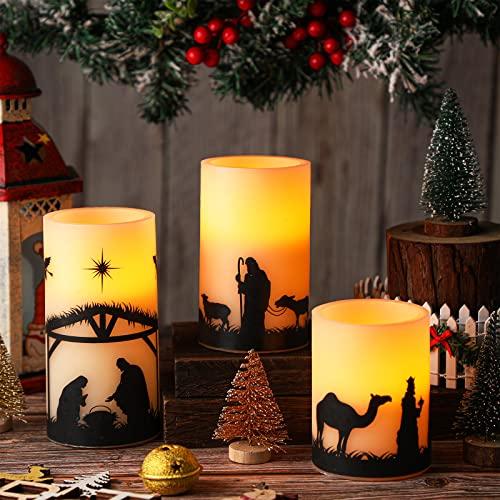 Spiareal 3 Set Nativity Scene Christmas Flameless LED Candles - Battery Operated Pillar Religion Candle for Holiday Table, Fireplace, Windowsill Indoor Decor