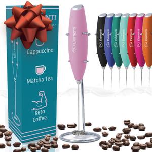Elementi Electric Pink Milk Frother Handheld - Mini Whisk for Coffee, Matcha and Drinks - Portable Frother & Mixer with Stand (Pastel Pink)